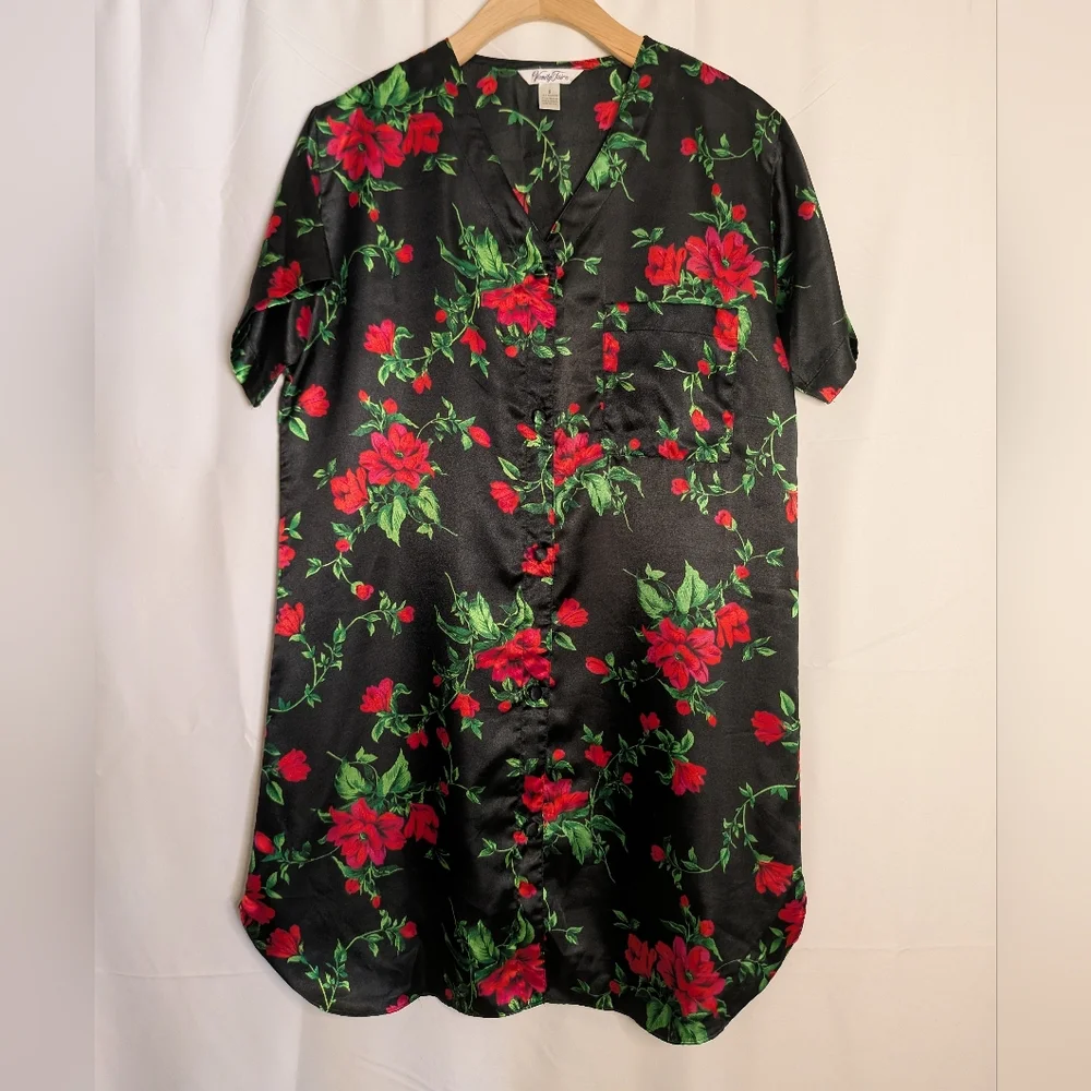 Vintage 90s Vanity Fair Floral Black and Red Nightgown/Slip - Picture 1 of 5